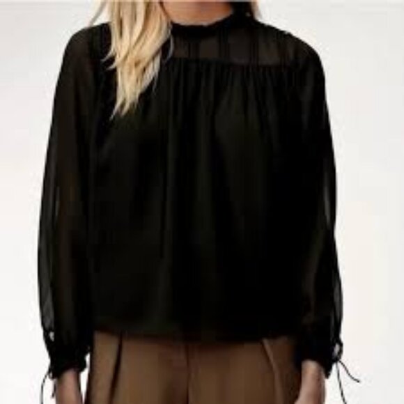 Wilfred Aritzia long sleeve black sheer ruffle collar blouse size large - Picture 1 of 8